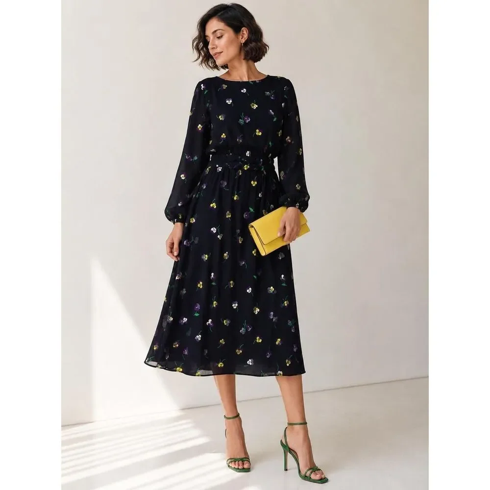 Kate Spade New York Pansy Floral Smocked Midi Dress Navy Blue Long Sleeve S
